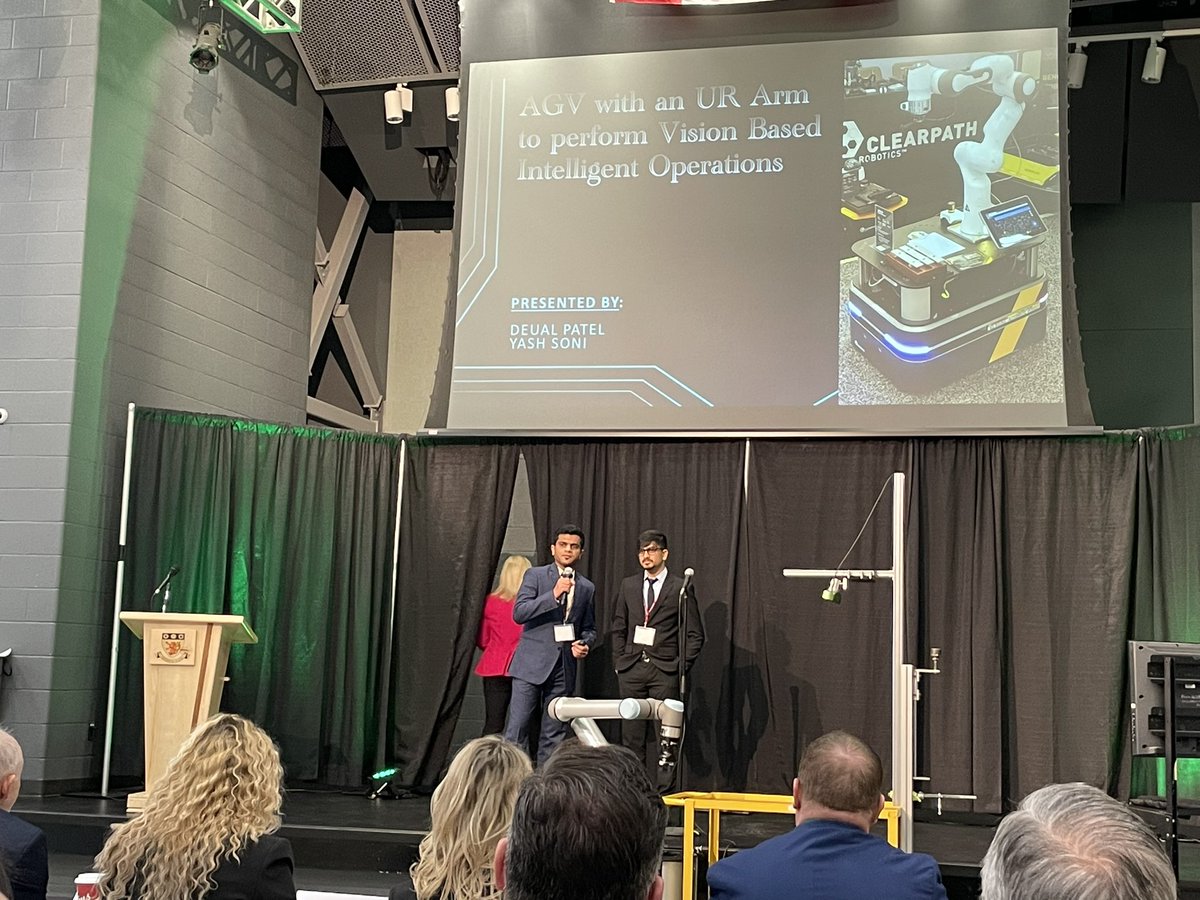 EDawsonEcDev's tweet photo. Great first showcase of an AGV with robotic arm using vision for efficient part pickup! I see a potential project using the VR CAVE for simulation! Great job Deual Patel and Yash Soni! @StClairResearch @_investwe @suebeedootaylor @NoahFCampbell @JoanneSoave https://t.co/DOXZcLE1Iv