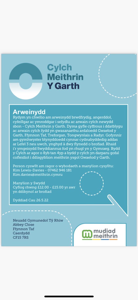 CylchGarth's tweet photo. Rydym yn chwilio am arweinydd brwdfrydig ac uchelgeisiol i sefydlu ac arwain ein Cylch Meithrin newydd sbon.We are looking for an enthusiastic and ambitious leader to set up and lead our brand new Cylch Meithrin.@MudiadMeithrin @MenterCaerdydd @PoblCaerdydd @DinesyddCdydd https://t.co/N6DRWvgDjn