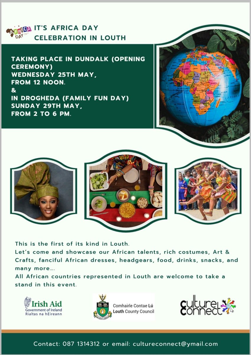 CultureConnect3's tweet photo. It’s Africa Day celebration in Louth 
So let’s come and showcase our African talents, rich costumes, Art &amp; Crafts, fanciful African dresses, headgears, food, drinks, snacks, and many more...
#AfricaDay
#CultureConnect https://t.co/vUUa4fjOSG
