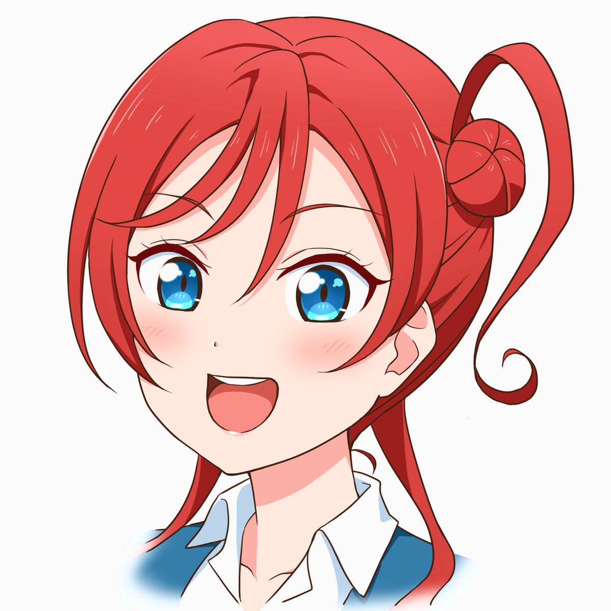 1girl solo blue eyes hair bun portrait red hair bangs  illustration images