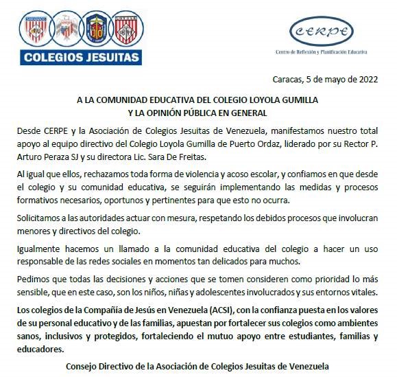 CerpeVzla's tweet photo. *COMUNICADO* A la Comunidad Educativa del Colegio Loyola Gumilla y la opinión pública en general. Comunicado en pdf: https://t.co/wpB951fNUz
#JesuitasDeVenezuela #EnTodoAmarYServir #ACSI #CSI #colegiogonza #ColegioLoyola #ITJo https://t.co/mu0lwQ3aY5