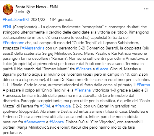 fanta9news's tweet photo. I risultati della 18^ giornata del #fantacalcio di #Fantanine (dopo il recupero di #SalernitanaVenezia): #FNL (Campionato), #FNA, #FNGp e #FNBR.
Assegnato il secondo trofeo della stagione!
Congratulazioni al fantapresidente @VitLam86! 👏👏👏
#FantaSerieBKT https://t.co/gWAtQy8Gkm