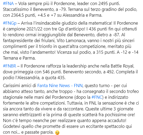 fanta9news's tweet photo. I risultati della 18^ giornata del #fantacalcio di #Fantanine (dopo il recupero di #SalernitanaVenezia): #FNL (Campionato), #FNA, #FNGp e #FNBR.
Assegnato il secondo trofeo della stagione!
Congratulazioni al fantapresidente @VitLam86! 👏👏👏
#FantaSerieBKT https://t.co/gWAtQy8Gkm
