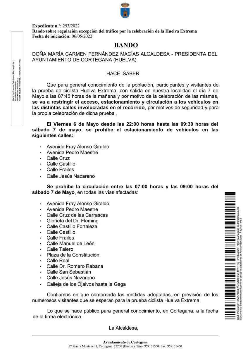 ⭕️ Bando sobre regulación excepcional del tráfico por la celebración mañana la Huelva Extrema en Cortegana⭕️
#Cortegana #Huex2022 #HuexMTB