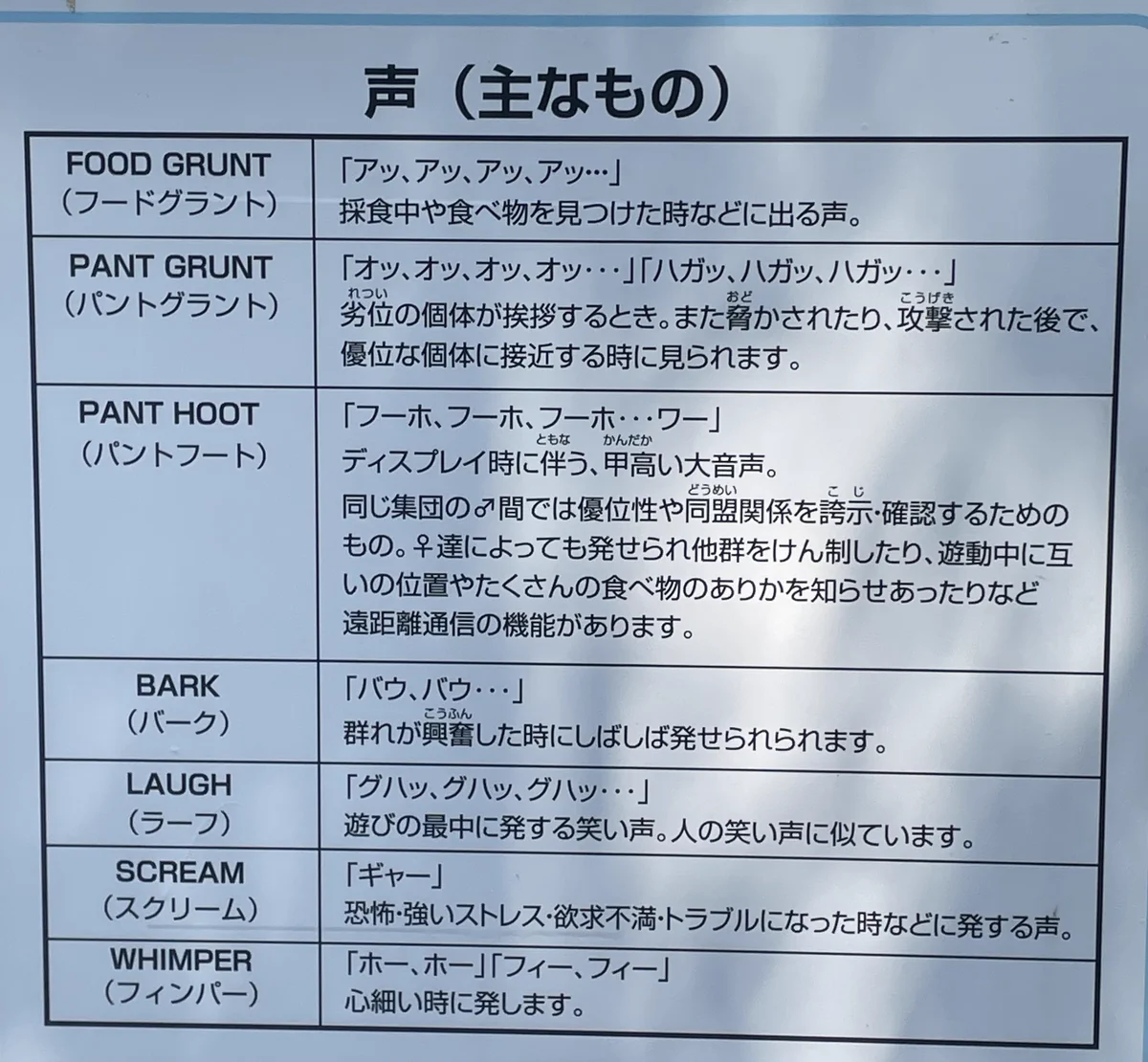 動物園にあったチンパンジーの鳴き声の解説