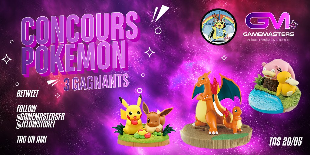 👑 GameMasters 👑 (@gamemastersfr) on Twitter photo 🎁 #Concours
3 magnifiques figurines Banpresto Pokémon sont à gagner🔥
Pour tenter ta chance :
🔷 RT ce Tweet
🔷 Suivez <a href="/GamemastersFr/">👑 GameMasters 👑</a> et @JELOWSTORE1
🔷 Tag un ami
💰 3 gagnants tirés au sort
🍀 TAS: 20/05
#Banpresto #collector #Pokemon 🎁 #Concours
3 magnifiques figurines Banpresto Pokémon sont à gagner🔥
Pour tenter ta chance :
🔷 RT ce Tweet
🔷 Suivez <a href="/GamemastersFr/">👑 GameMasters 👑</a> et @JELOWSTORE1
🔷 Tag un ami
💰 3 gagnants tirés au sort
🍀 TAS: 20/05
#Banpresto #collector #Pokemon