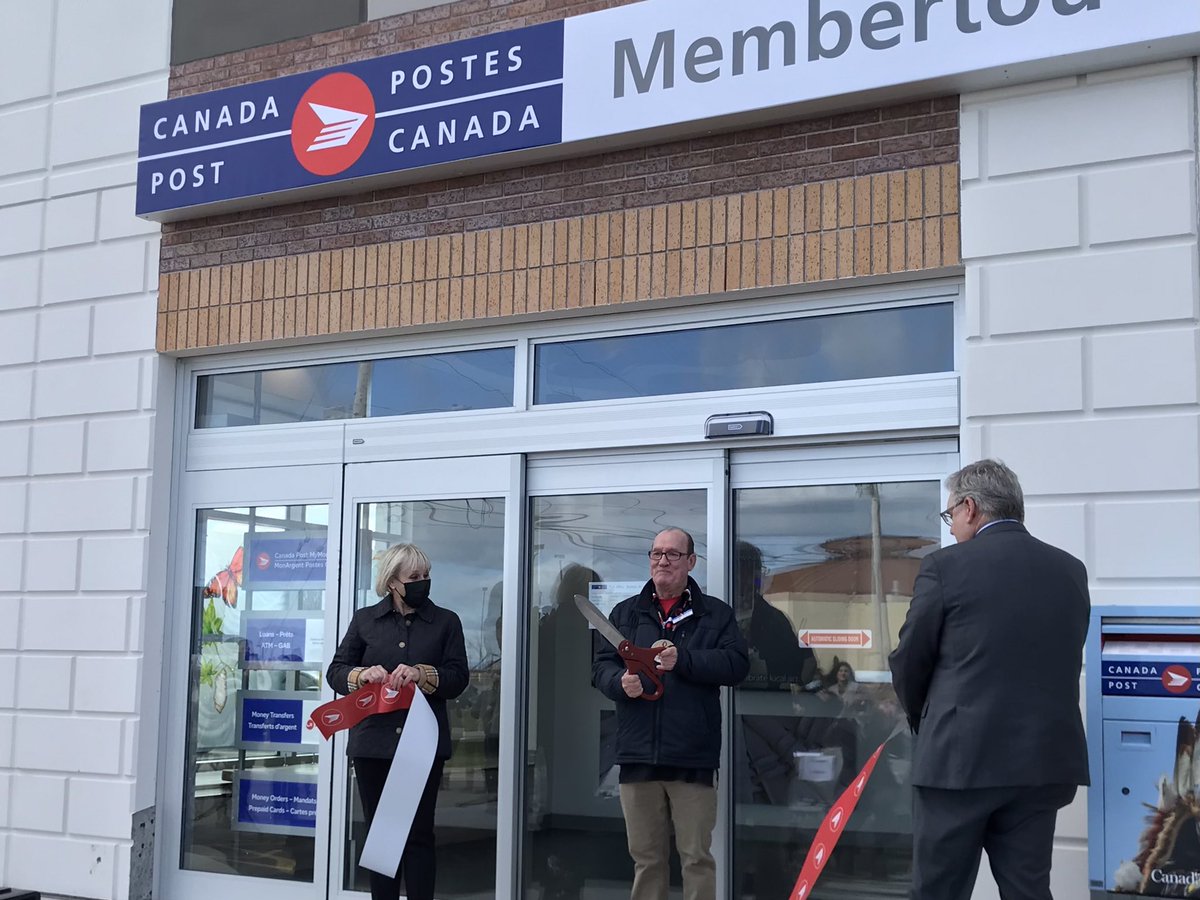 The community of <a href="/MembertouCorp/">Membertou</a> led by <a href="/chiefterrypaul/">Chief Terry Paul</a> continues to lead our country! Today <a href="/canadapostcorp/">Canada Post</a> CEO Doug Ettinger cuts the ribbon with Chief Terry as Cheryl Hodder, Can Post Sustainably and Legal, looks on Welcome <a href="/canadapostcorp/">Canada Post</a>