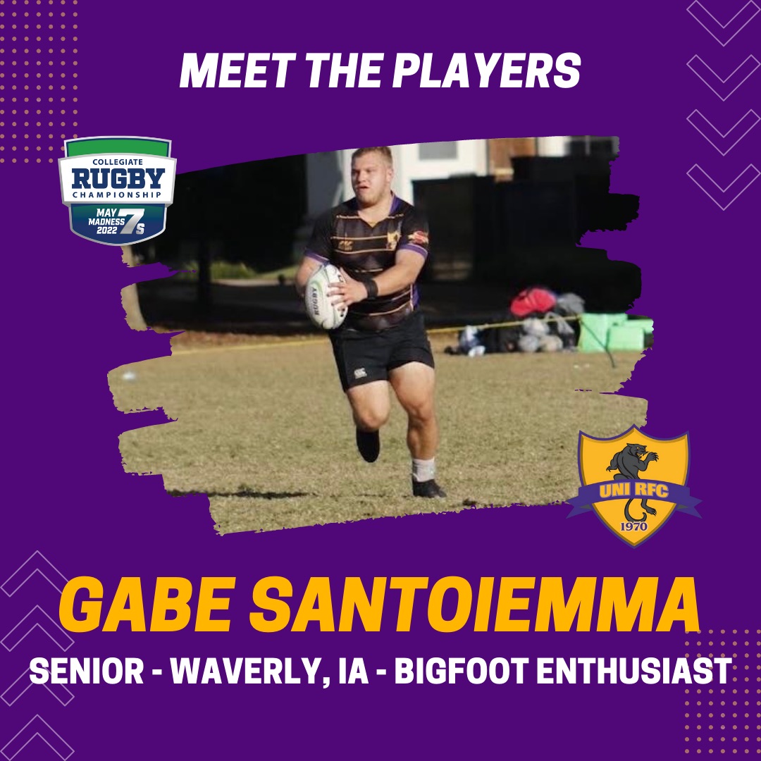 UNIMensRugby's tweet photo. Our next player battling for a national title is Gabe Santoiemma (@gsanto40), a senior from Waverly, IA. Gabe serves as the team's treasurer, coaches with @WaverlyRugby, and he's a huge Bigfoot enthusiast! #BornInTheWoods #CRC7s https://t.co/zubm6ycXPc
