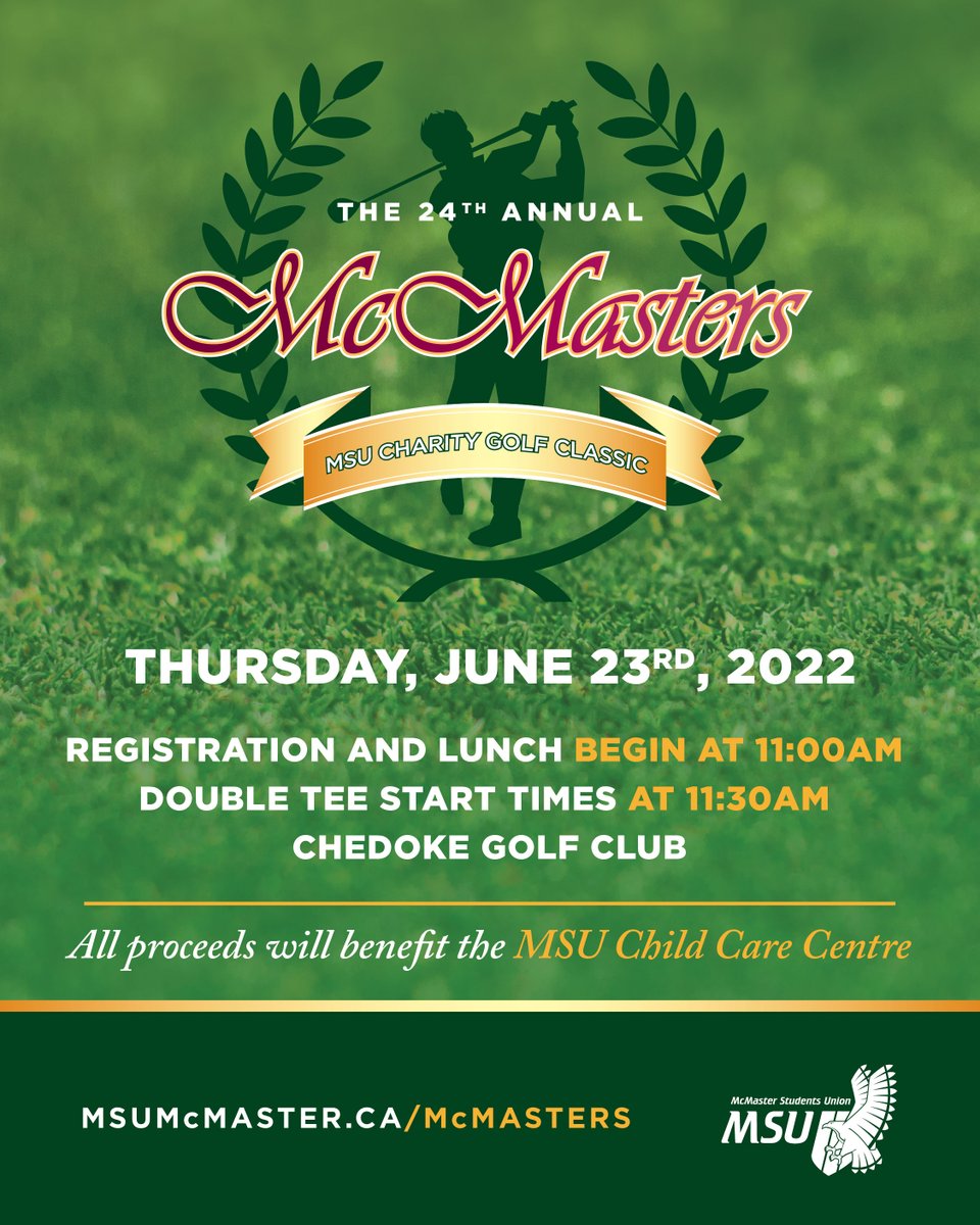 msucampusevents's tweet photo. Come join us for McMaster's 24th annual MSU Charity Golf Classic event! It'll be the un-fore-gettable event of the season.

REGISTRATION REQUIRED by June 16th, 2022

To register and/or become a sponsor of this event, please visit: https://t.co/kYCA6pzMM4 https://t.co/pddCLawKvZ