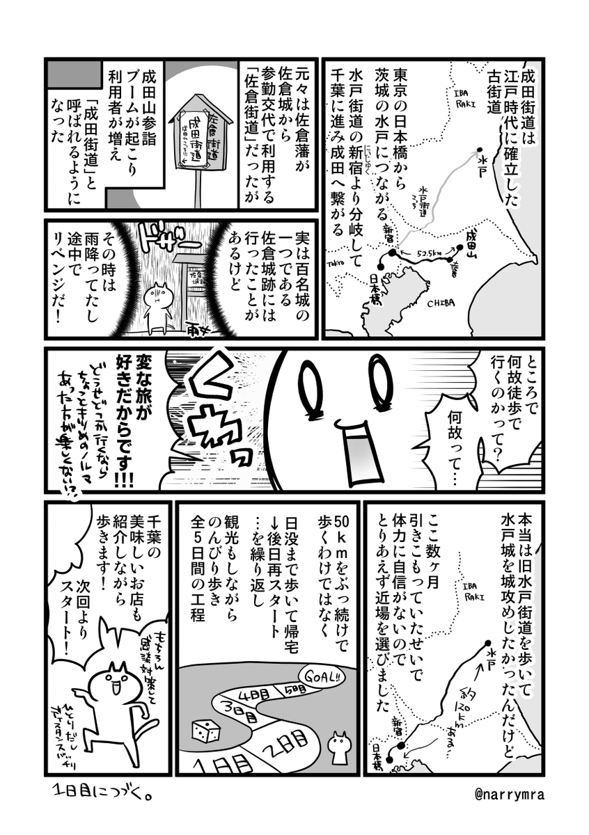 【通販中の同人誌サンプル】2022/5/5コミティア140発行 P32/400円(イベント頒布価格)
ナリムラが都内から成田山新勝寺まで成田街道を約50km歩いた旅の実録レポ漫画。
千葉県の観光&ご当地グルメ多め。