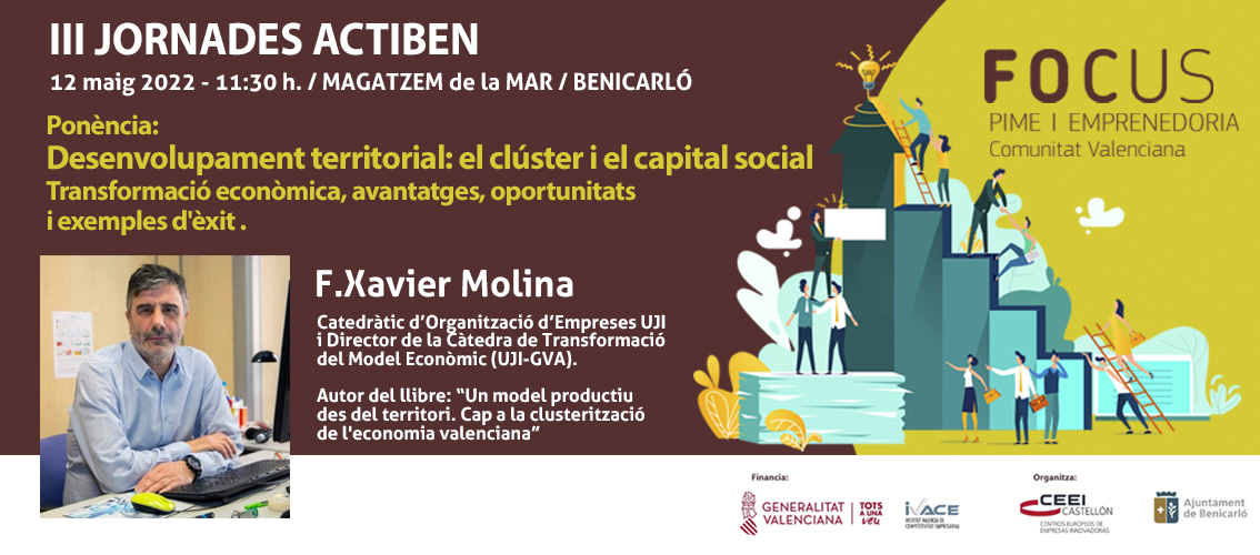 El director de la Cátedra de Transformación del Modelo Económico, Xavier Molina impartirá una ponencia sobre el desarrollo territorial en les III Jornadas ACTIBEN  el 12 de mayo.
lnkd.in/ecKcSf9F
<a href="/cModelEcoUJI/">Càtedra de Transformació del Model Econòmic - UJI</a> <a href="/CEEICastellon/">CEEI Castellón</a> <a href="/Ajunt_Benicarlo/">Ajuntament Benicarló</a>