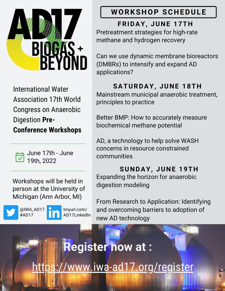 #AD17 will feature 7 cutting edge pre-conference workshops organized by leaders in the #AnaerobicDigestion field!

The list of workshop abstracts, organizers, and presenters is online now!
iwa-ad17.org/workshops 

#Biotechnology #CircularEconomy 
 #AcademicTwitter #BeyondBiogas