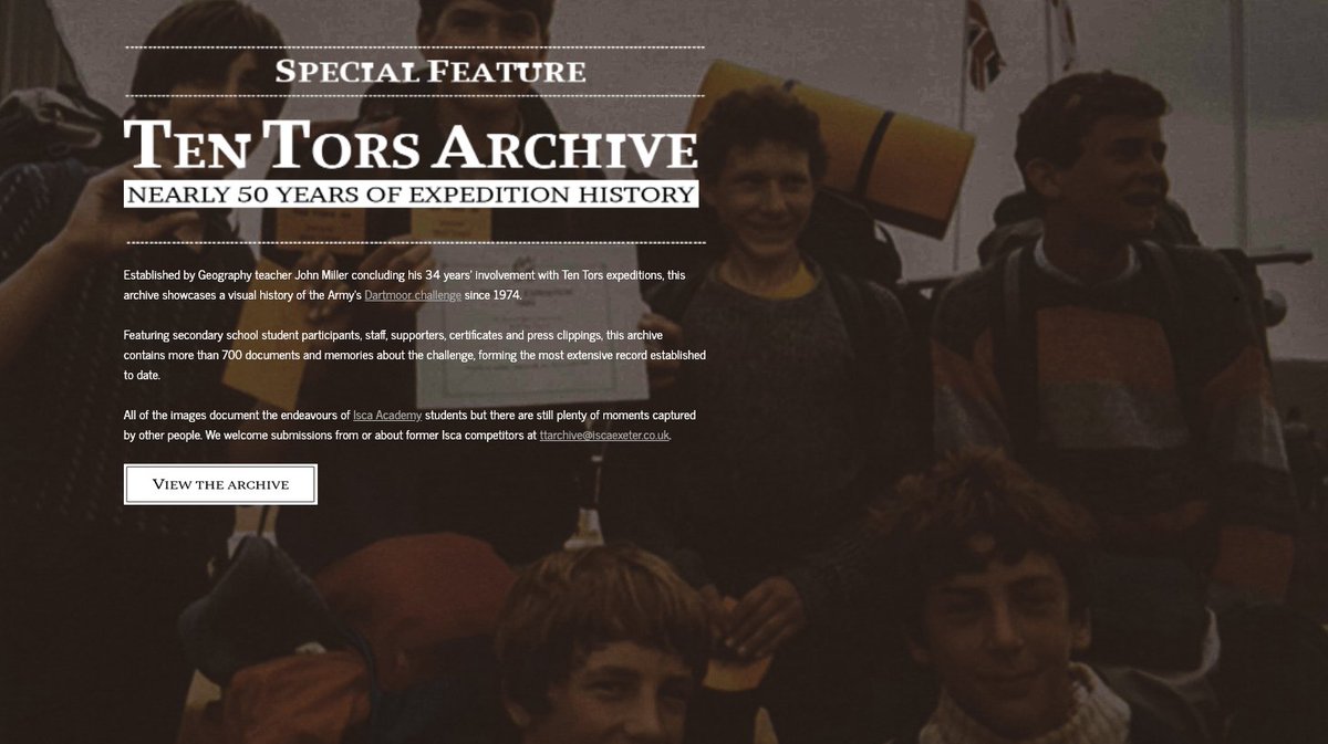 IscaExeter's tweet photo. Ten Tors Archive:
https://t.co/98k29k6WfN
Curated by teacher John Miller documenting his 34 years' involvement with Ten Tors expeditions, this archive contains over 700 documents and memories, creating a visual history of the Army's Dartmoor challenge since 1974.
#tentors https://t.co/Cbwk1JB4bD