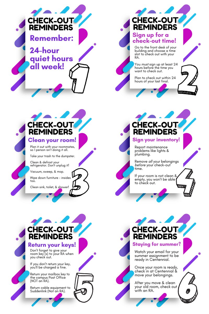 Good morning Rams! We’ve included some easy-to-follow check-out reminders to help take some stress out of next week. If you have any questions about your check-out, reach out to your RA staff. Best of luck 🤞 on your finals! #angelostate #ramfam #homeawayfromhome