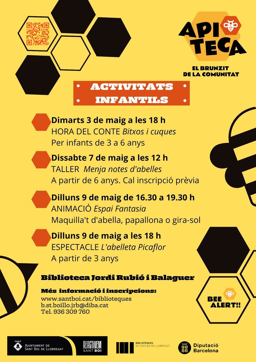 bibliotequeSBOI's tweet photo. ATENCIÓ
Demà activitat infantil de l'#Apiteca
Taller "Menja notes d'abelles"
A partir de 6 anys
Cal inscripció prèvia
🗓️ Dissabte 7 maig
🕤12h
A la #biblioJRB
#elbrunzitdelacomunitat
#bibliotequeSBOI
#quèfemalesbiblios
#beealert #agendaSB
#infantil #abelles
#taller #SantBoi https://t.co/r4k3M4F4va
