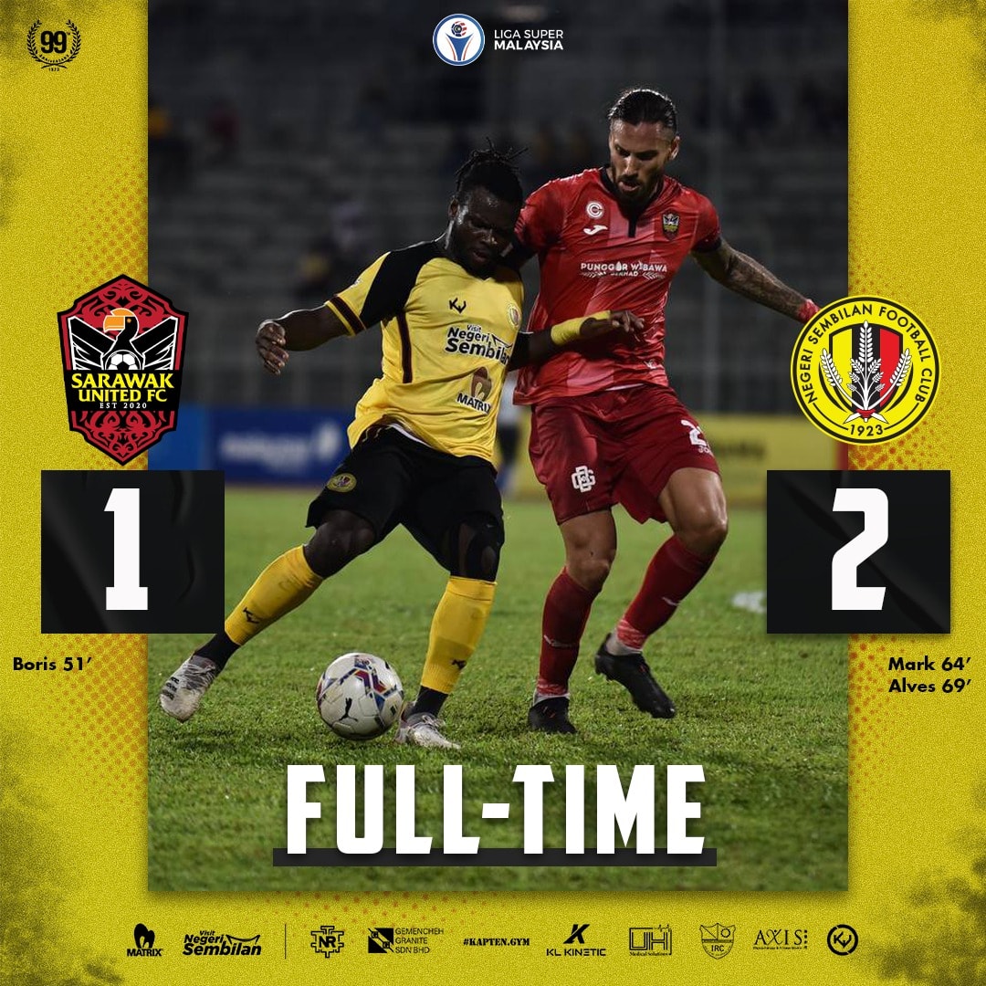nsfc1923's tweet photo. 3 mata penuh di  Negeri Stadium, Sarawak 🟡⚫🔴

Tamat perlawanan, Sarawak United FC 1 - 2 Negeri Sembilan FC.

#SWUNSE
#NSFC
#HobinJangHobin https://t.co/ibMY2hFg5m