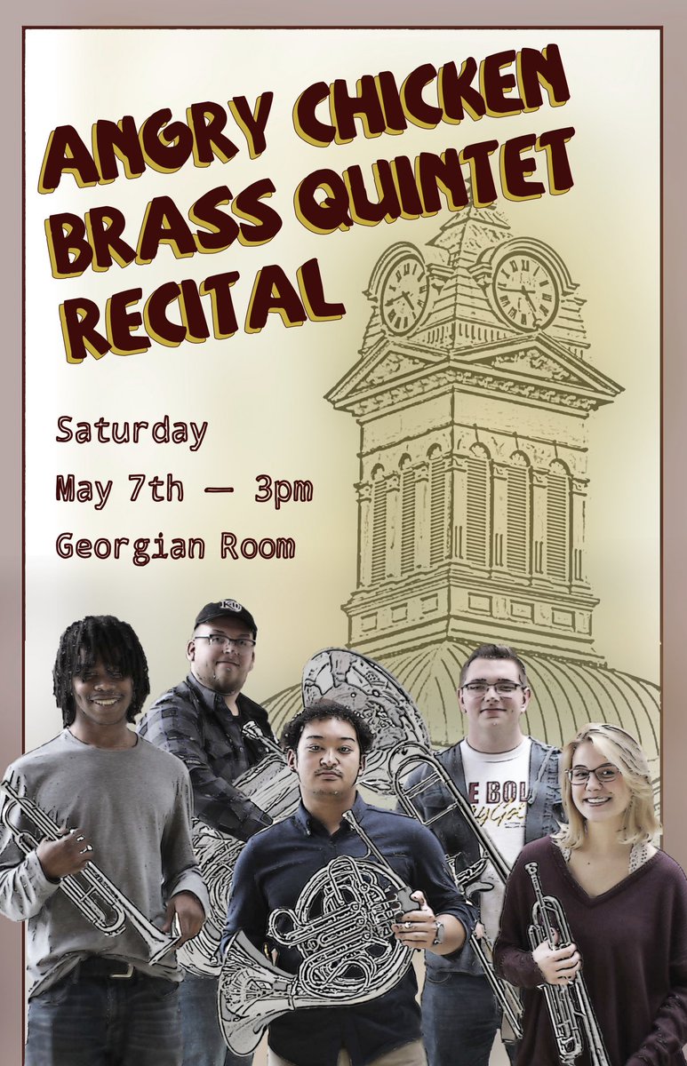 This Saturday - don't miss the Angry Chicken Brass Quintet recital! Join us in person at 3 PM in the Georgian Room of Old Main for this concert! Streamed for your convenience youtu.be/cIXe4FFKdkY
#kutztownuniversity #departmentofmusic #angrychickenbrassquintet #recital