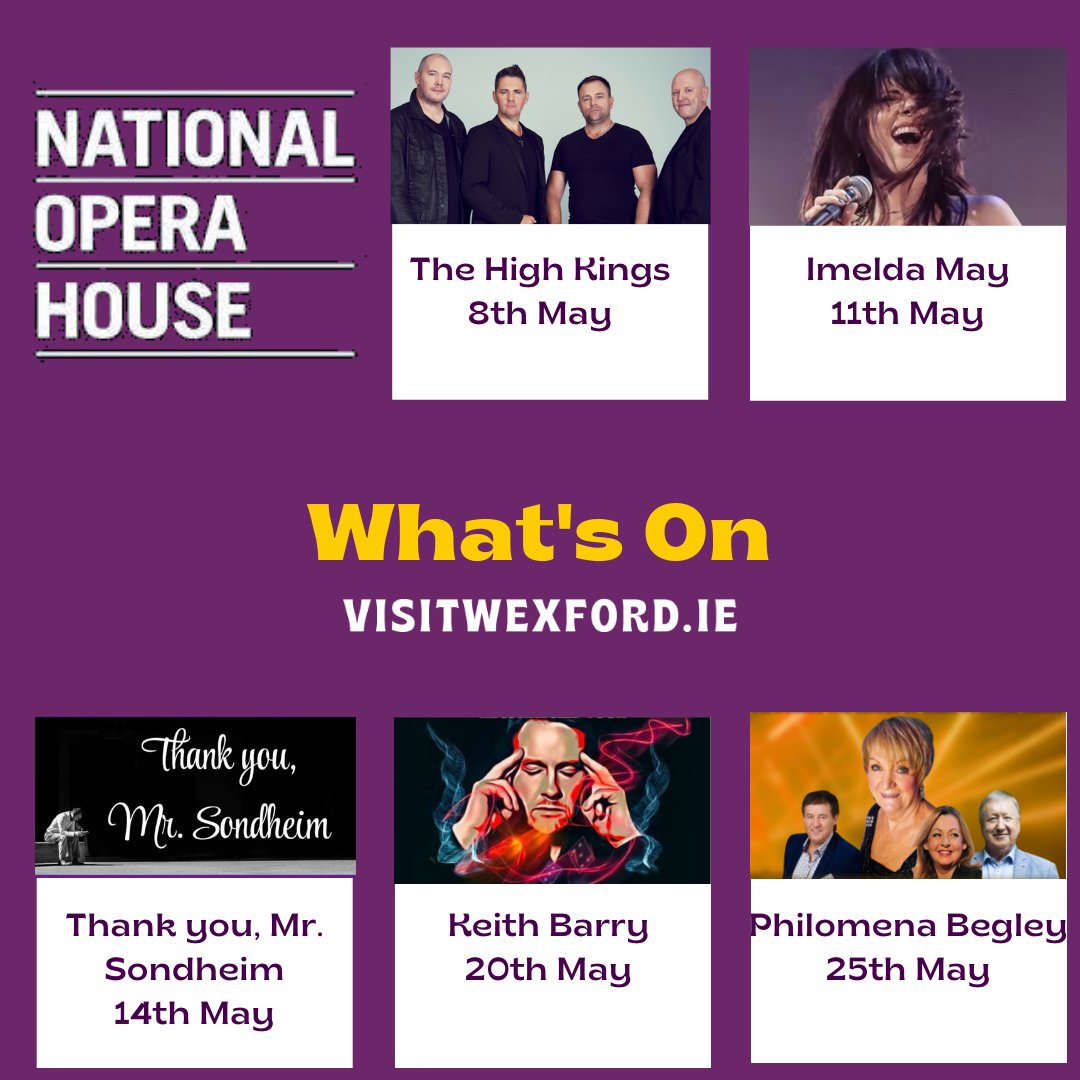 What's On in Wexford 💜 💛 

Here's a quick recap of some of our events happening across May 🎭 🎶 🧘 

Full event details over at ➡️  visitwexford.ie/directory-cate… 
#ThisIsThePlace #WexfordMemories #VisitWexford #KeepDiscovering #WhatsOnInWexford