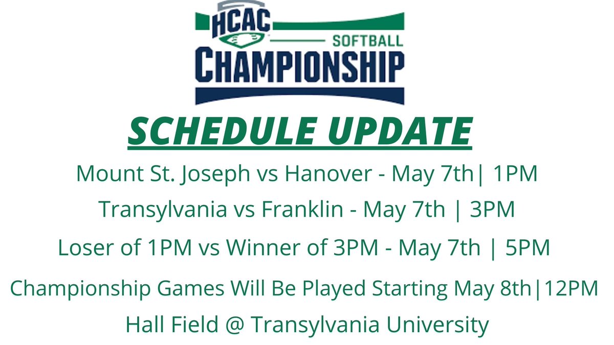 Transy Sports (@transysports) on Twitter photo SCHEDULE UPDATE: The <a href="/HCACDIII/">Heartland Collegiate Athletic Conference</a> Softball Tournament Has Been Pushed Back Due To Poor Weather Conditions in Lexington. Information On The New Schedule Can Be Found Here - SCHEDULE UPDATE: The <a href="/HCACDIII/">Heartland Collegiate Athletic Conference</a> Softball Tournament Has Been Pushed Back Due To Poor Weather Conditions in Lexington. Information On The New Schedule Can Be Found Here -