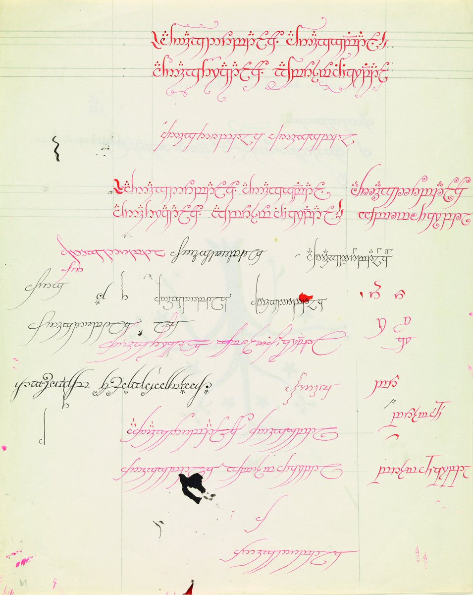 BlogTolkien's tweet photo. "The Fire-writing" (circa 1953), a handwritten proof of Tolkien's efforts in perfecting the Elvish inscription around the One Ring (complete with the ink drop stain too). 

Red and black ink, pencil.

- The Tolkien Trust

#Tolkien #LOTR https://t.co/71Jgpbrps2