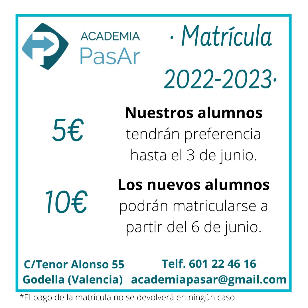 AcademiaPasar's tweet photo. 𝐀𝐁𝐑𝐈𝐌𝐎𝐒 𝐏𝐋𝐀𝐙𝐎 𝐃𝐄 𝐌𝐀𝐓𝐑𝐈𝐂𝐔𝐋𝐀 𝐏𝐀𝐑𝐀 𝐄𝐋 𝐂𝐔𝐑𝐒𝐎 𝟐𝟐-𝟐𝟑

Las plazas son limitadas! No te quedes sin la tuya!!

#AcademiaPasAr #Matricula https://t.co/DNWQt34rW3