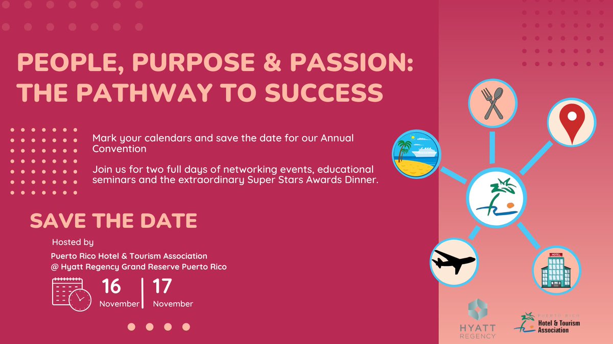 prhta's tweet photo. Save the Date!
Mark your calendars for our #AnnualConvention from November 16 - 17. Join us for two full days of networking events, educational seminars and the extraordinary Super Stars Awards Dinner at the Hyatt Regency Grand Reserve Puerto Rico.
#PRHTA #PRHTACommunity https://t.co/tvMVn2p7RO