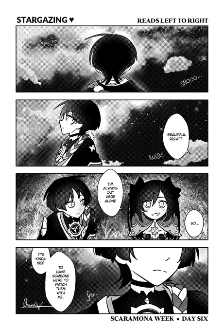 #scaramonaweek22 Day 6: Stargazing

The weeks almost over! Are you as sad as I am? :')

#scaramona #scaramonaweek2022 #mona #monamegistus #scaramouche #kunikuzushi #genshin #genshinimpact 