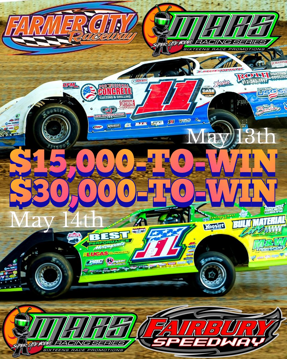 MARSDirtRacing's tweet photo. #IllinoisSpeedweeks will conclude with back-to-back nights for the @MarsLateModel Series at @FarmerCityRacin #FarmerCity74 & @FALS_NATION #SpringShootout May 13th-14th for two HUGE paydays. The BEST Late Model drivers in the country will flock to the "Land of Lincoln." https://t.co/DQeT9A38g3