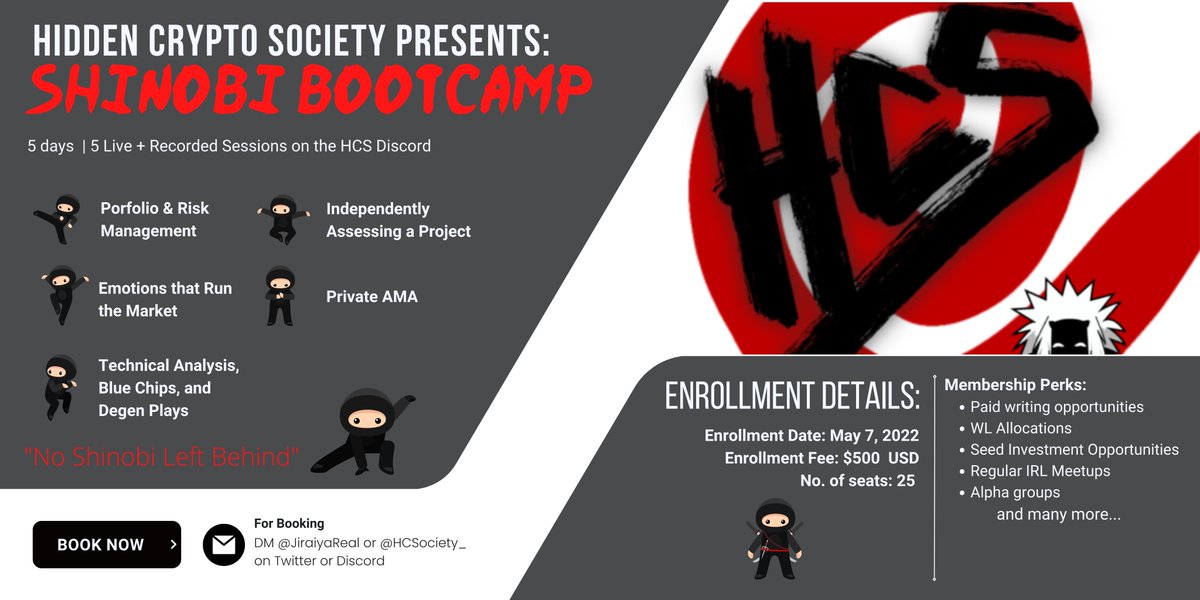 In just under 24hrs, enrolment for Bootcamp v2 will be open!

25 spots, $500 per spot.

__

6 spots have been reserved &amp; subsidised by @WANDinvestments, <a href="/ProjectEuropa_/">ProjectEuropa.RED</a>, @BambooSyndicate, <a href="/shumbahunters/">Luis Romero</a>.

19 spots remain.

__

Join our Discord and see some content you'll learn ⤵️