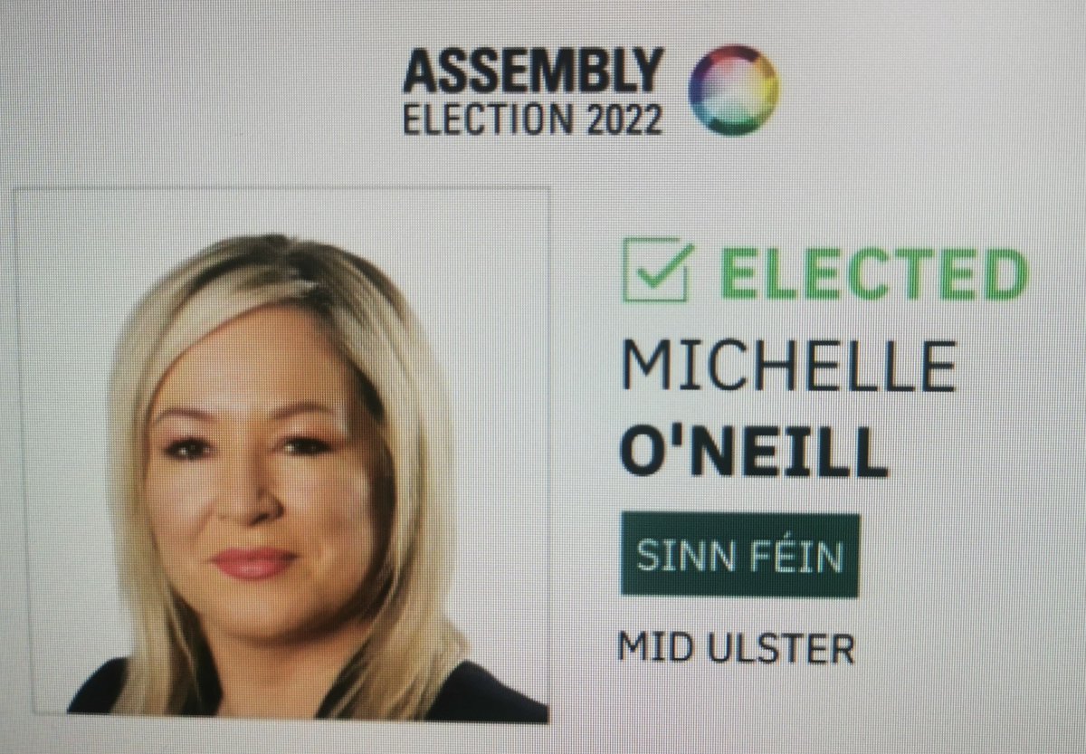 #MichelleONeill elected on the first count for #SinnFein with almost 1100 votes
#AE2022
#AssemblyElection2022