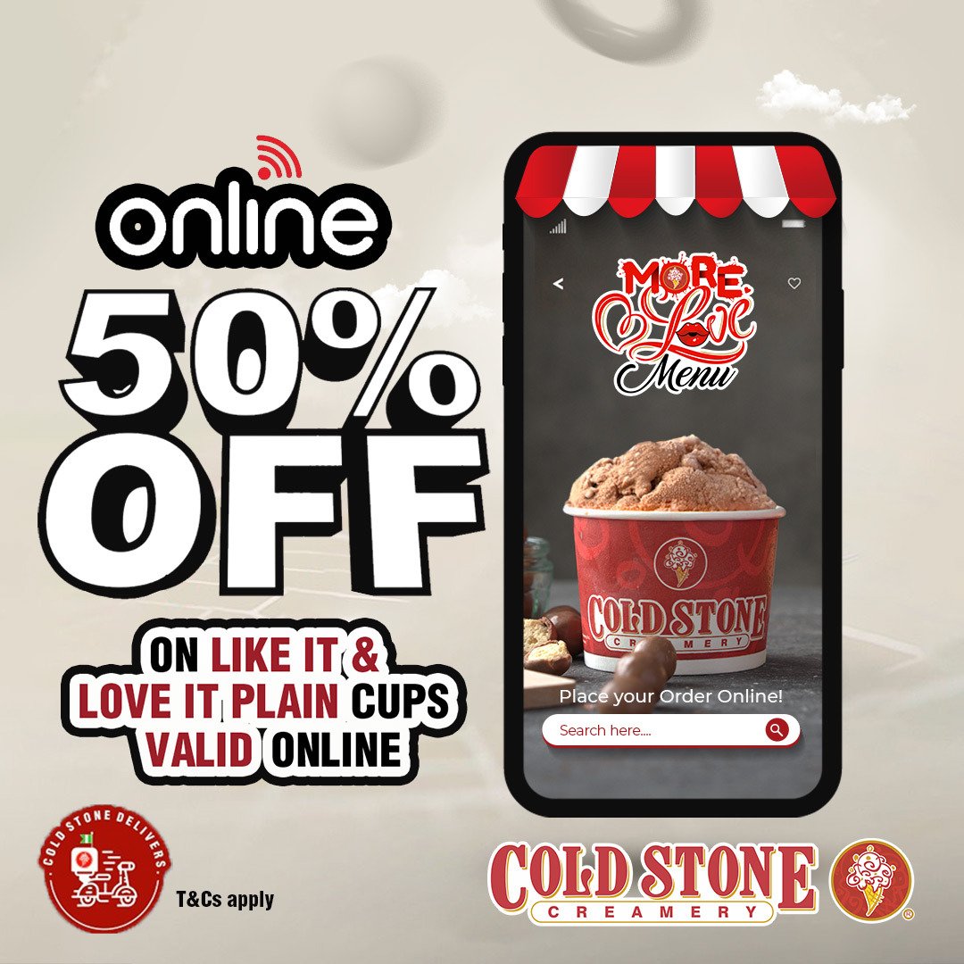 Cold Stone Creamery on X: Hello Indulgence Geng, let the weekend enjoyment  begin with our 50% Online Offer!!👌😍 Enjoy a whooping 50% off your  delicious ice cream when you ORDER ONLINE via