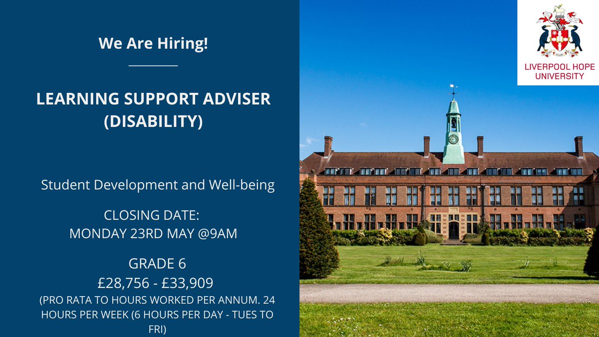 WorkingatHope's tweet photo. Vacancy:

Learning Support Adviser (Disability)

Based within the @HopeSDW Student Development and Well-being team, this role sits within a well-established learning support service.

Please see the website for further details.

https://t.co/YeSdd84j6E https://t.co/lsjv7r1UBF