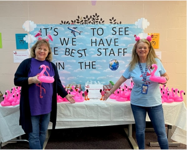 CrestwoodElem's tweet photo. We have arrived at our final destination - Flamingo Friday! We hope you have enjoyed your flight.  You are an Amazing Staff! @fcpsnews  @FCPSR3 #TeacherAppreciationWeek https://t.co/dQAMhkutyw