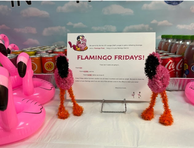 CrestwoodElem's tweet photo. We have arrived at our final destination - Flamingo Friday! We hope you have enjoyed your flight.  You are an Amazing Staff! @fcpsnews  @FCPSR3 #TeacherAppreciationWeek https://t.co/dQAMhkutyw