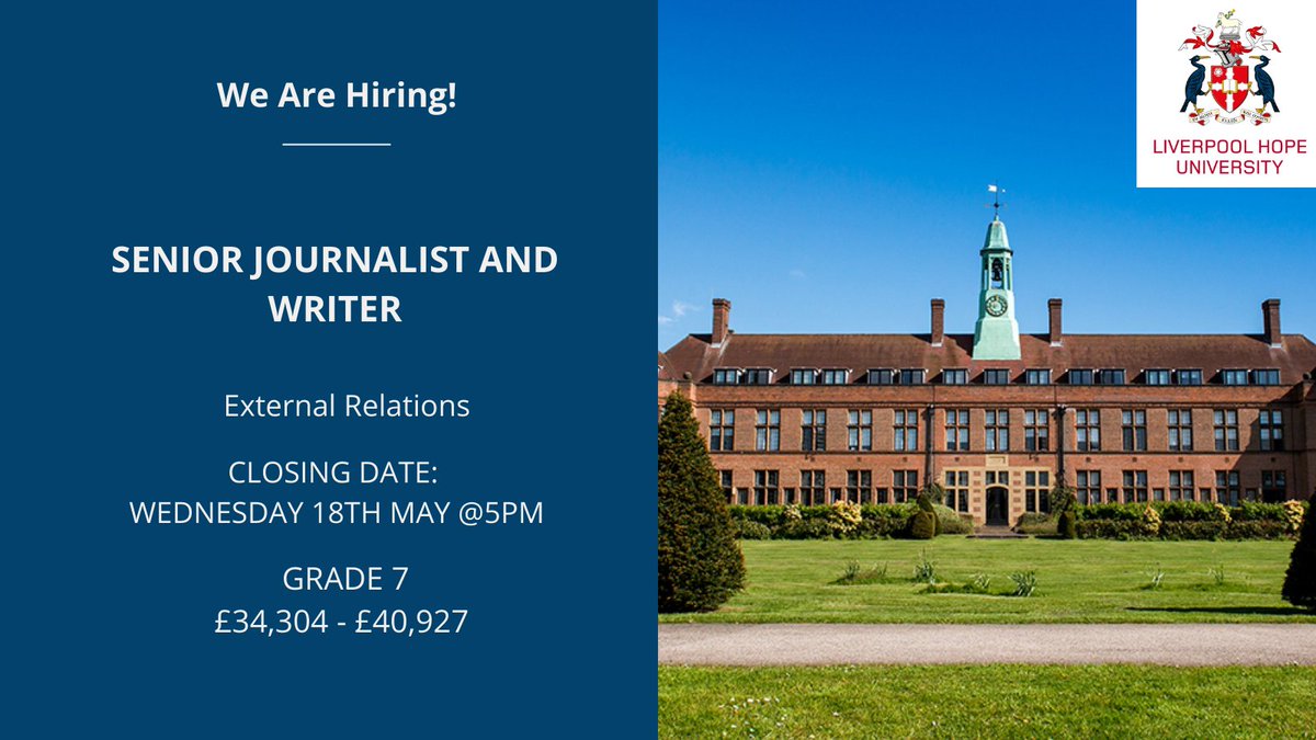 WorkingatHope's tweet photo. Job Vacancy

Senior Journalist and Writer

@LiverpoolHopeUK is looking for an experienced journalist to join our External Relations Team as a Senior Journalist/reporter and writer.

Job role and application details can be found on the website.

https://t.co/vZg3BVObHl https://t.co/QQNYRIrzgi