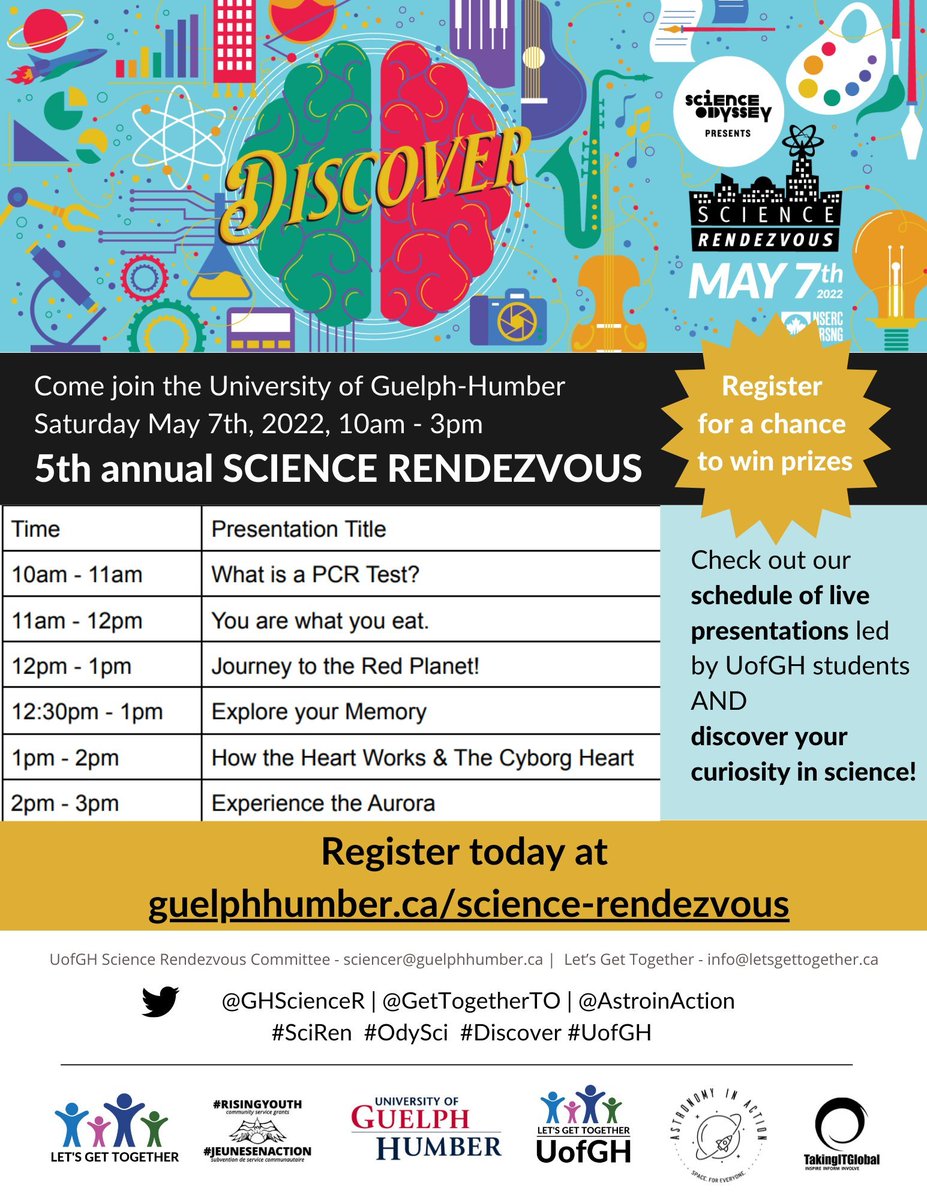 T O M O R R O W! The 5th annual #SciRen! Check out the schedule for the fun-filled day, and click here to register for a chance to win prizes! 🧪🧑‍🔬🧑‍🚀🔬🧫🫀
guelphhumber.ca/science-rendez…
#UofGH #OdySci #Discover @DrAgnesC <a href="/GetTogetherTO/">Let's Get Together</a> <a href="/AstroInAction/">Astronomy in Action</a> @guelphhumber