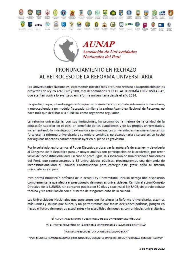 UNIoficial's tweet photo. 🔴 #AUNAP | PRONUNCIAMIENTO EN RECHAZO AL RETROCESO DE LA REFORMA UNIVERSITARIA https://t.co/cU9kPO4wGC