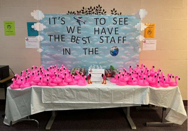 CrestwoodElem's tweet photo. We have arrived at our final destination - Flamingo Friday! We hope you have enjoyed your flight.  You are an Amazing Staff! @fcpsnews  @FCPSR3 #TeacherAppreciationWeek https://t.co/dQAMhkutyw