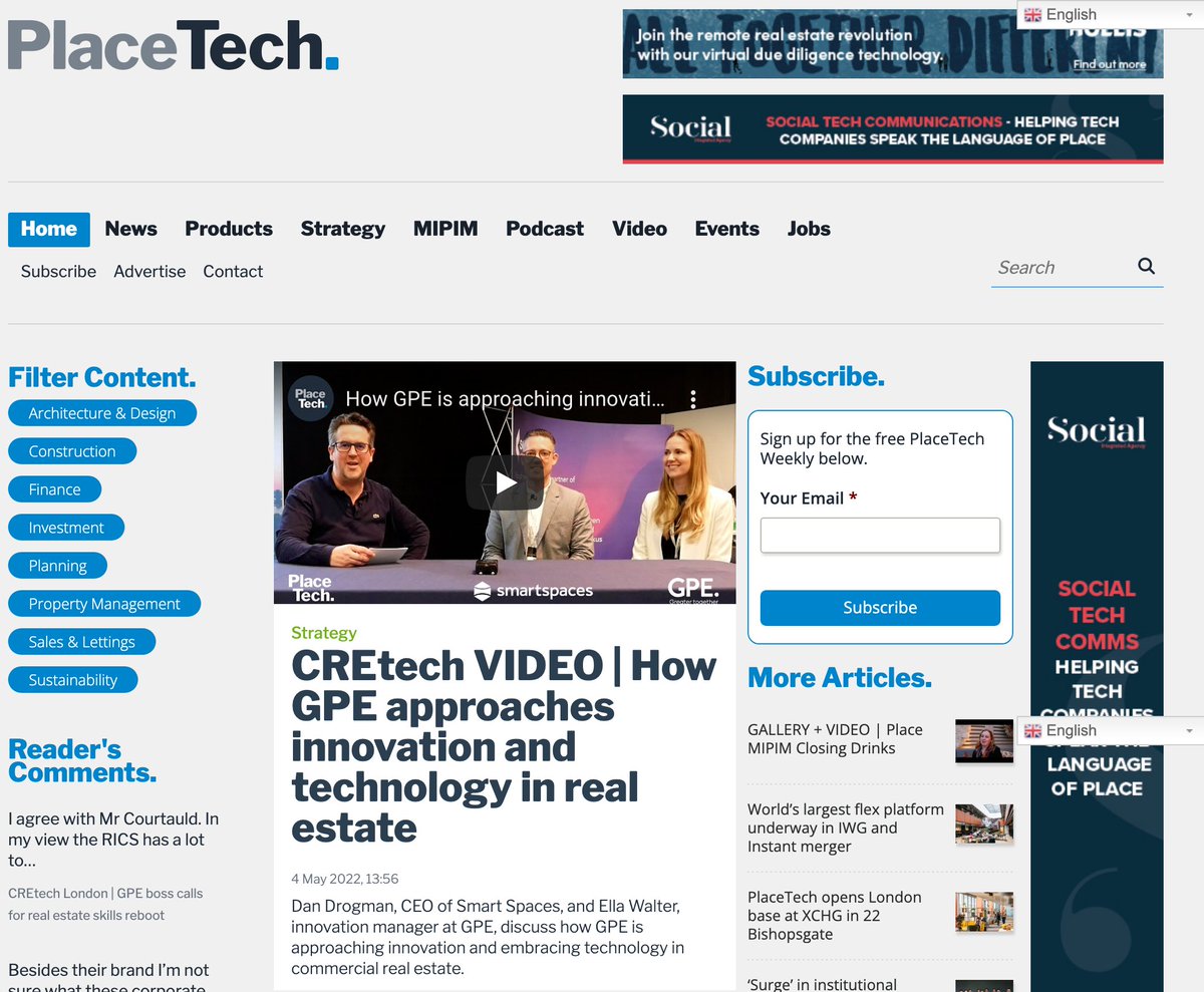 SmartSpacesApp's tweet photo. Hot off the plate from @CREtech, Smart Spaces are proud to be featured on the front page of @PlaceTech with our esteemed client @GPE.
For a great round up to the week, please click the link to watch the video in full 
https://t.co/lvWdimNcTX

#innovation #cretech #proptech #tech https://t.co/fURDf0GgPq