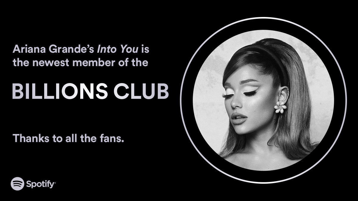 Spotify's tweet photo. Ariana Grande’s Into You is her 6th track to join the #BillionsClub, on its 6th anniversary, on the 6th day of May. But no bad omens here, it's a heavenly 666 😇 https://t.co/KjRrlK477t
