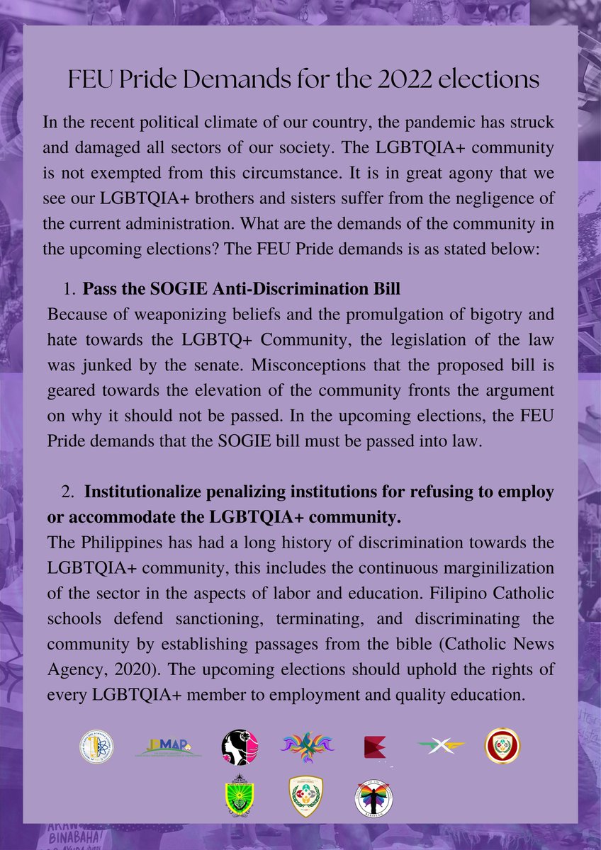 TheFEUSAGA's tweet photo. As the elections nears, we seek to let the next leaders know that our fight is fueled by the love that has been neglected of us.
Read the FEU Pride 4-Point Demands for Gender Equality here! https://t.co/iMpFWLJ4NL
#FEUPride
#SOGIEEqualityNow
#SulongWagPatinag https://t.co/9wrmK0C7tz