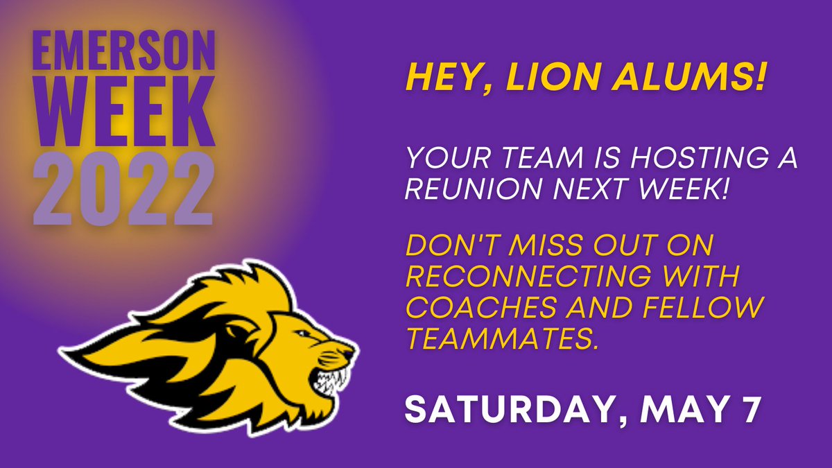 EmersonAlumni's tweet photo. Hey @EmersonLions ! Your Emerson varsity team is having a reunion tomorrow! Connect with the former Emerson Athletes and coaches that enriched your Emerson experience. Sign up for your team's reunion today https://t.co/kC6QVcwK0V https://t.co/OZsSrQJDgr