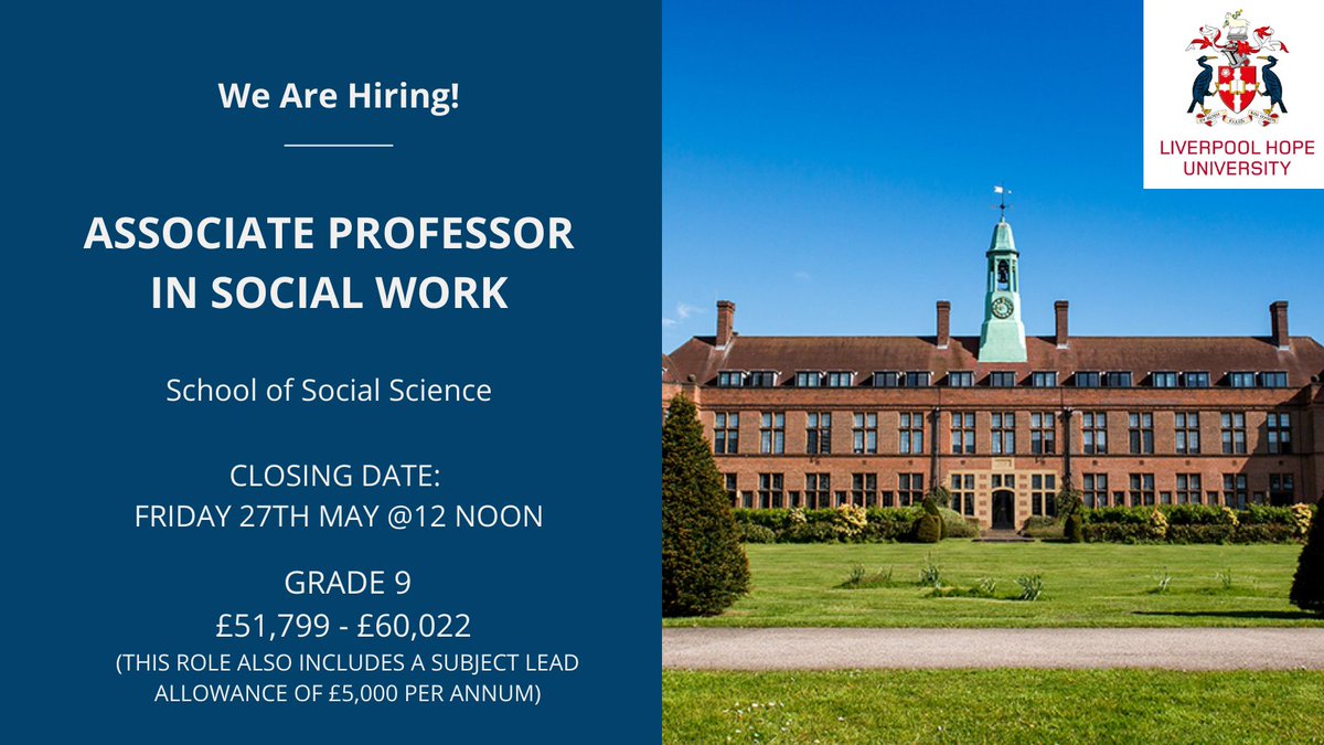 WorkingatHope's tweet photo. New Vacancy

Associate Professor in Social Work

The successful candidate will support teaching across both the BA and MA programmes, contributing their practice experience, specialist interests, and research activities.

Application information:
https://t.co/Ae9LRiSouU https://t.co/CgwSnnH8sM