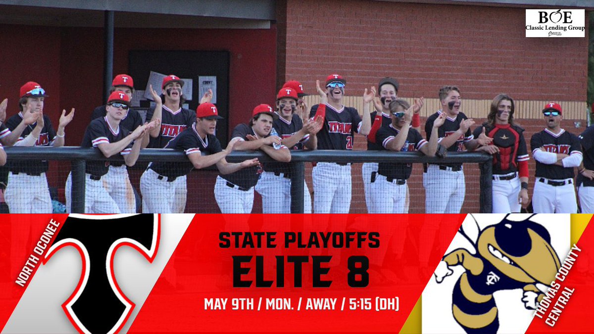 NOHS_Baseball's tweet photo. 🚨🚨 STATE 🏆 PLAYOFFS 🚨🚨
ELITE EIGHT
Varsity hits the road for an ELITE 8 matchup vs TCC in the GHSA State Playoffs
🆚 Thomas County Central
🏟 Thomasville, GA
📆 May 9th / Monday
⏰ 5:15PM & 7:45PM
🎟 GoFan
#FightFor39 https://t.co/Gmms3LXIzY