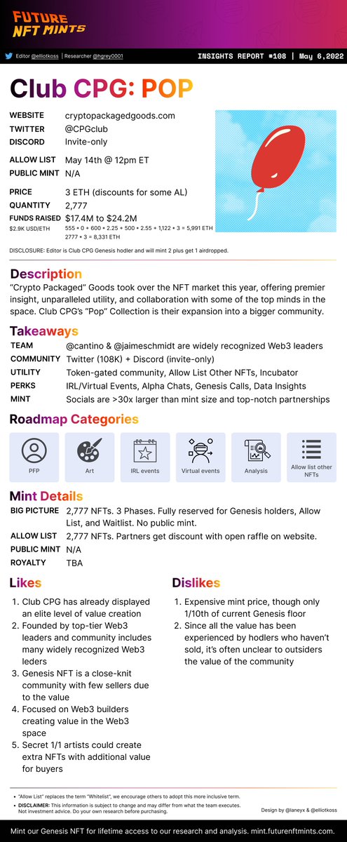 FREE INSIGHTS REPORT FRIDAY

Club CPG: POP 🎈

RDMP: PFP, Art, Events, Analysis, AL for other NFTs

🌐 cryptopackagedgoods.com
[CHIRPBIRDICON] @CPGclub (113K)

On Friday, the Insights Report is for everyone.

We're building a research platform. Learn more. mint.futurenftmints.com