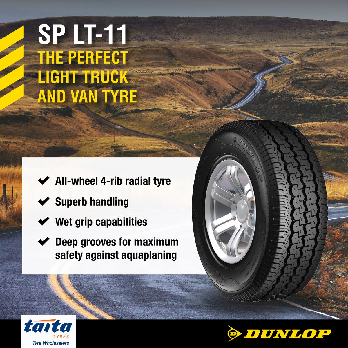 TaitaTrading's tweet photo. The SP LT-11 (195R15C and 195R14C) Light Truck and Van tyre is the tyre to take the road with for harsh operating conditions.
Looking for Dunlop Tyres for your fleet, contact us today for a quote.
#DunlopTyres #TruckTyre #VanTyre #TaitaTyres https://t.co/zT7R8TADUd