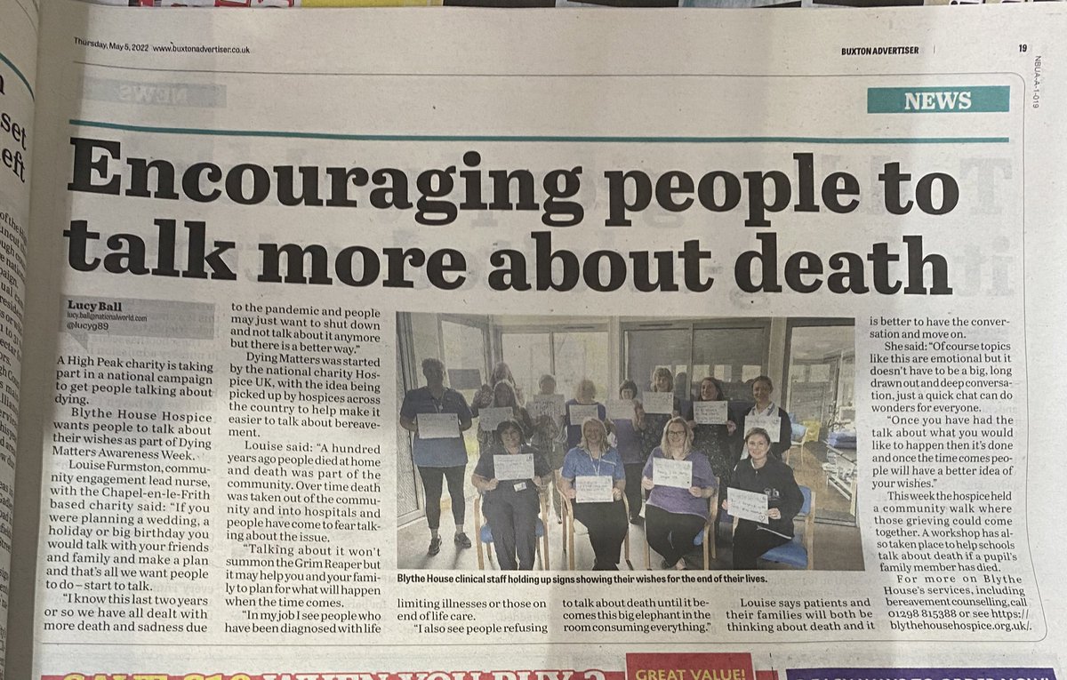 bec_mellor's tweet photo. Thank you so much @lucyg89 for contacting @BlytheHouseHosp and asking if you could help to raise awareness of #DyingMattersAwarenessWeek in this week’s @Buxton_News - we are so very grateful for your support! 💙 https://t.co/8ipGNvadRF https://t.co/5UxKoSnBLk