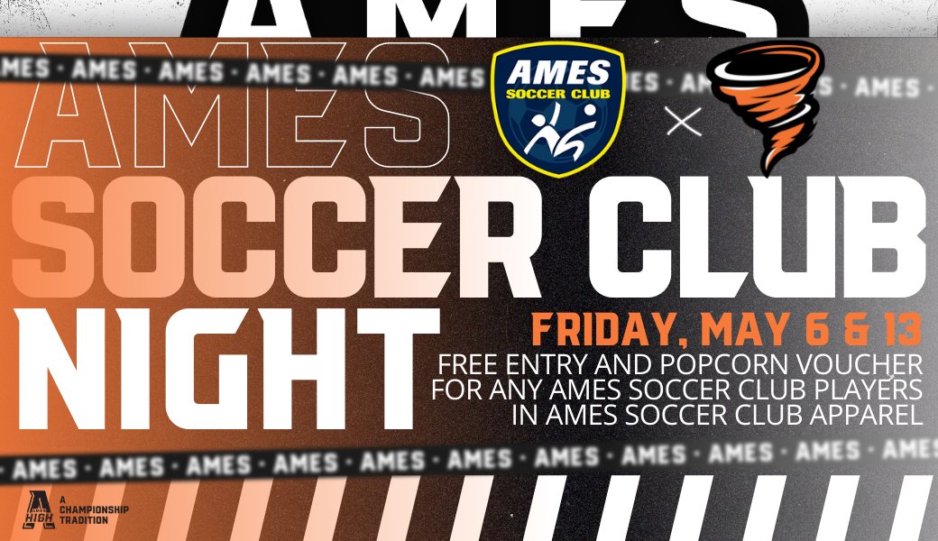 AmesAthletics's tweet photo. ⚽️ 𝐀𝐌𝐄𝐒 𝐒𝐎𝐂𝐂𝐄𝐑 𝐂𝐋𝐔𝐁 𝐍𝐈𝐆𝐇𝐓𝐒

Ames Soccer Club players wearing their jersey get free entry and a bag of popcorn at next two Friday home games, with a paying adult.

★ May 6 | Girls Soccer vs. Ottumwa
★ May 13 | Boys Soccer vs. Ankeny

#AChampionshipTradition https://t.co/W0H4QIh83z