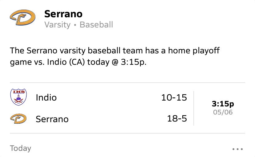 SerranoBaseball's tweet photo. First round of playoffs today @ home @ 3:15 !! Come out &amp; support Serrano Baseball. Go D-backs!! ⚾️🐍💙💛 https://t.co/WOdqQgwXU7