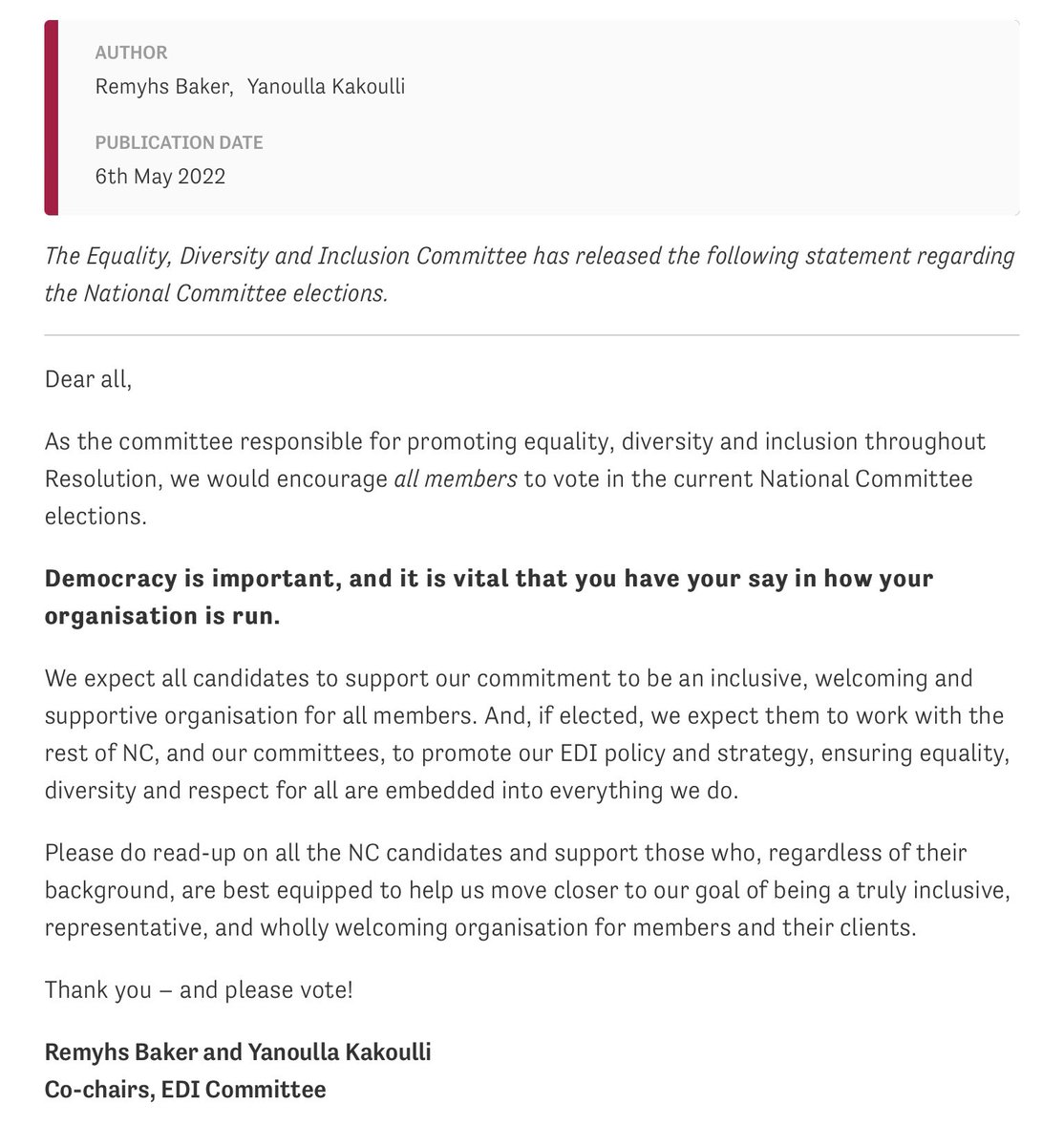 The Resolution #EDI committee have made a statement regarding the National Committee elections. Read it here 👇🏽